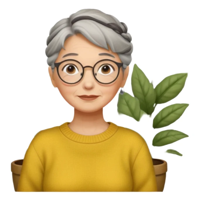 Abuela con cabello canoso en moño, expresión tierna, gafas redondas, suéter amarillo y detalles relacionados con plantas. Estilo amable y acogedor. sticker