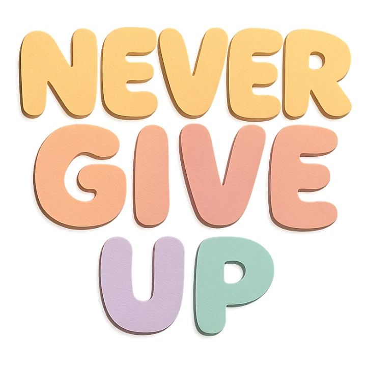 "Never Give Up" soft pastel rainbow chubby soft text, kawaii sticker design, no outline, transparent background sticker