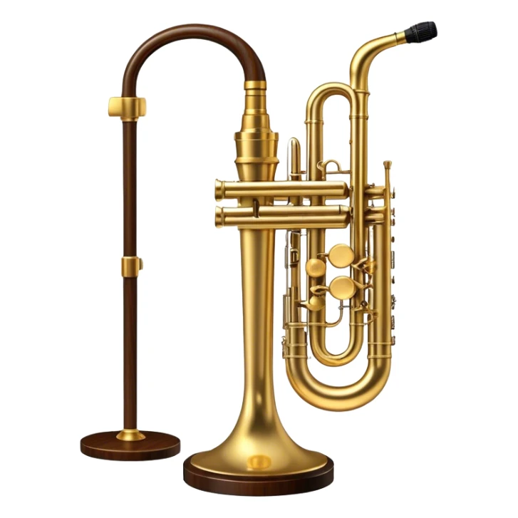 Create an elegant and atmospheric emoji representing jazz vocal performance. In the foreground, feature a vintage jazz microphone on a stand, with intricate details and a classic design. Behind it, place a grand jazz piano, with a sleek, polished finish, and on top of the piano, add a trumpet (Selmer Model 19 balanced action) resting gently. The design should evoke a sense of timeless jazz music, with flowing musical notes or subtle sound waves in the background. Use rich colors like gold, black, deep wood tones, and brass to highlight the vintage, high-quality instruments. The background should be transparent. sticker