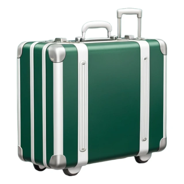 white metal suitcase with ribbed surface, wheels, handle and corners dark green, emoji style sticker