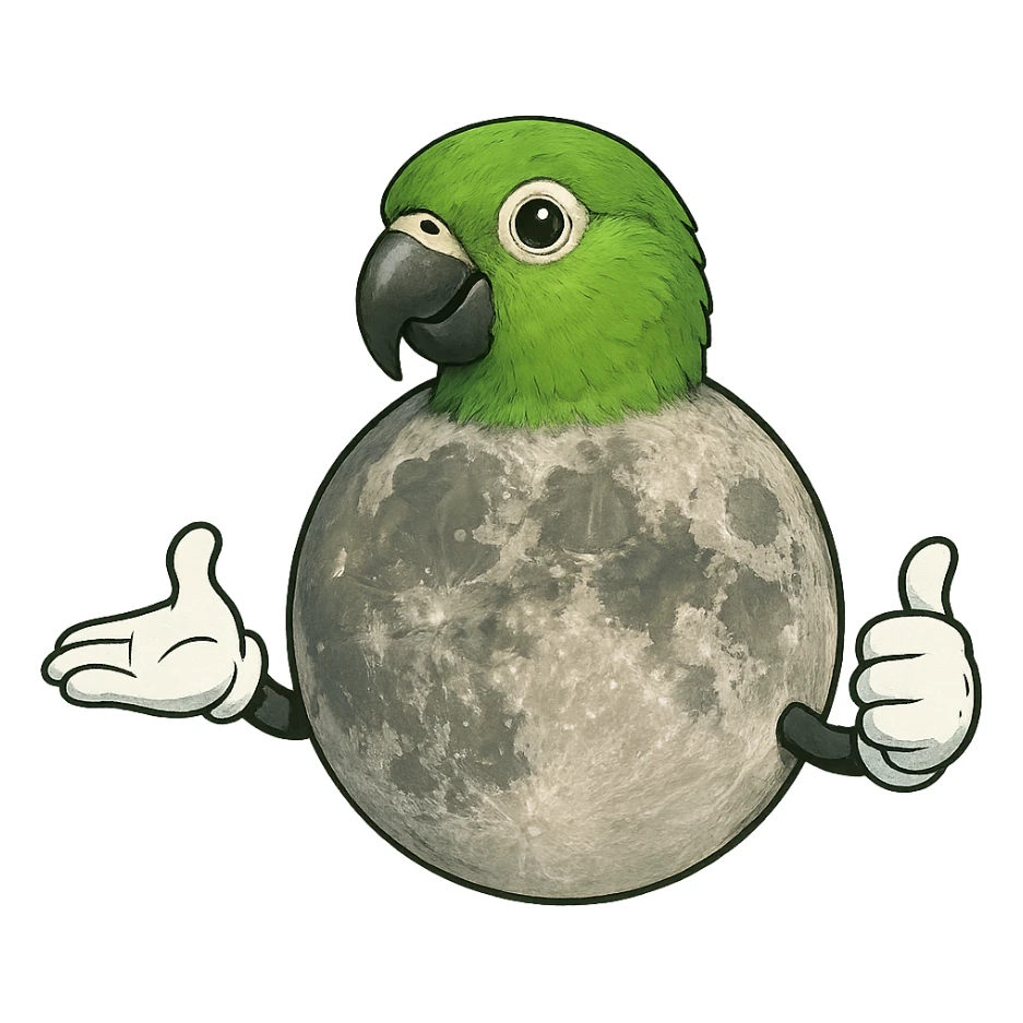 The Moon satellite with a small parrot head, with arms wearing gloves sticker