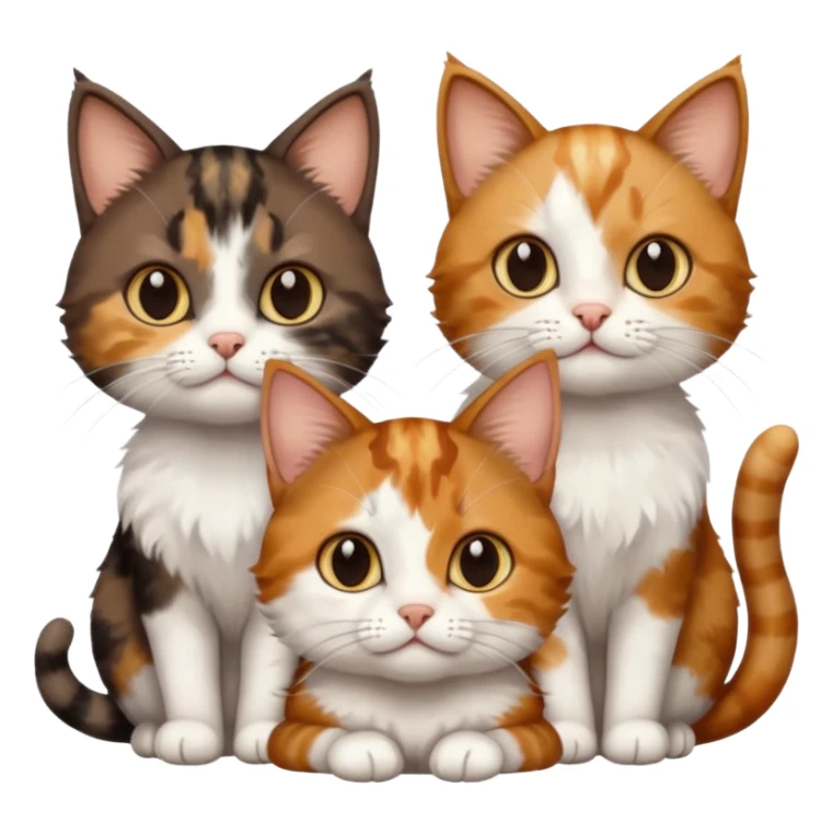 3 different coloured small cats including a dark brown tabby and white, and a patchy calico, and a ginger and white sticker