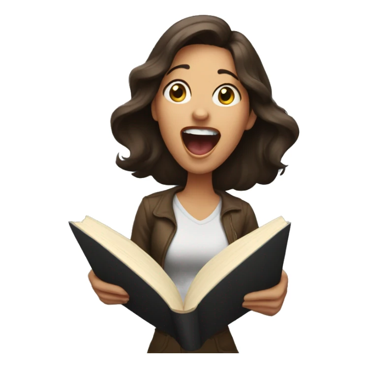 brunette woman screaming while holding and reading book sticker