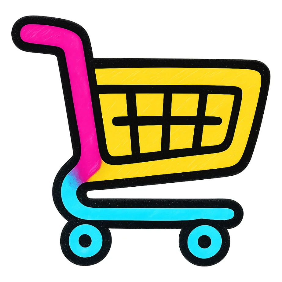 Create a cartoon shopping cart in the same style as the referenced present: bold outlines, vibrant colors, playful and shiny appearance, no text, transparent background. sticker