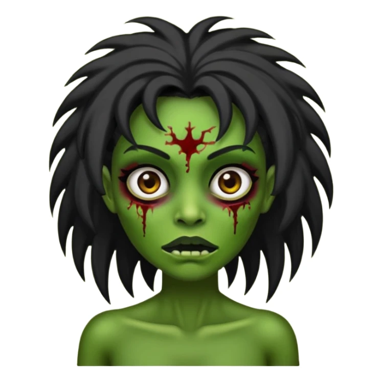 Faça uma zombie verde mulher com cabelos preto, liso e longo de olhos castanhos sticker