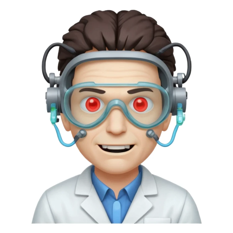 mutant scientist portrait, head and shoulders only, exposed glowing brain, broken goggles, evil smile, mad lab vibe, 3D cartoon, mobile game icon style, clean background, no text, no watermark

 sticker