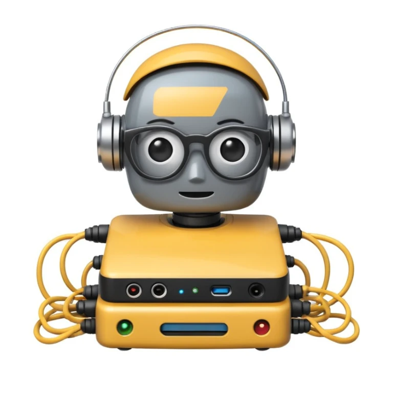 cute robot emoji profile picture with glasses, surrounded by network cables and routers, white background sticker