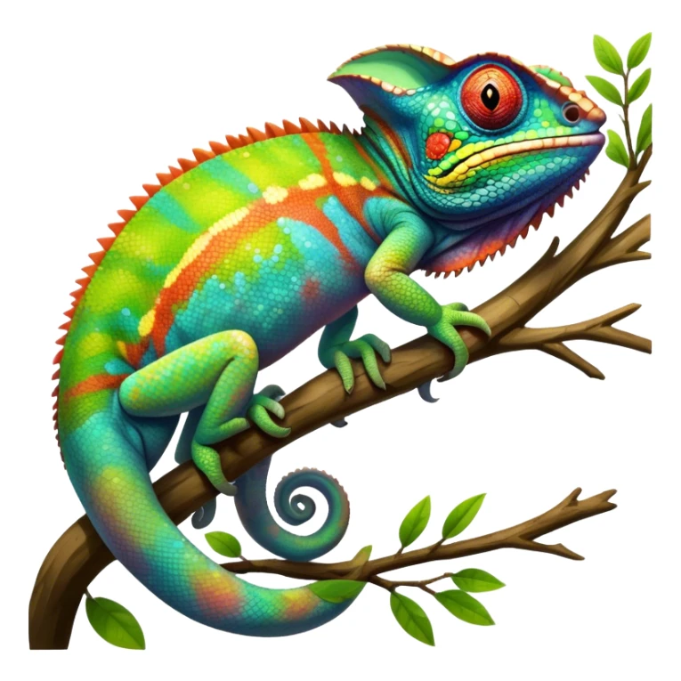 Giant Chameleon blending into natural surroundings, perched on a branch. Its vibrant colors shift with the environment. Lush greenery, branches, and soft sunlight create a peaceful, nature-filled background. Transparent background, showcasing the chameleon's colorful, textured skin. sticker