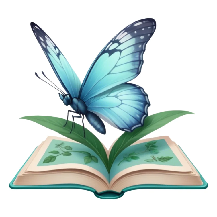 A pale blue butterfly hovering over an open green book with faded botanical illustrations. sticker