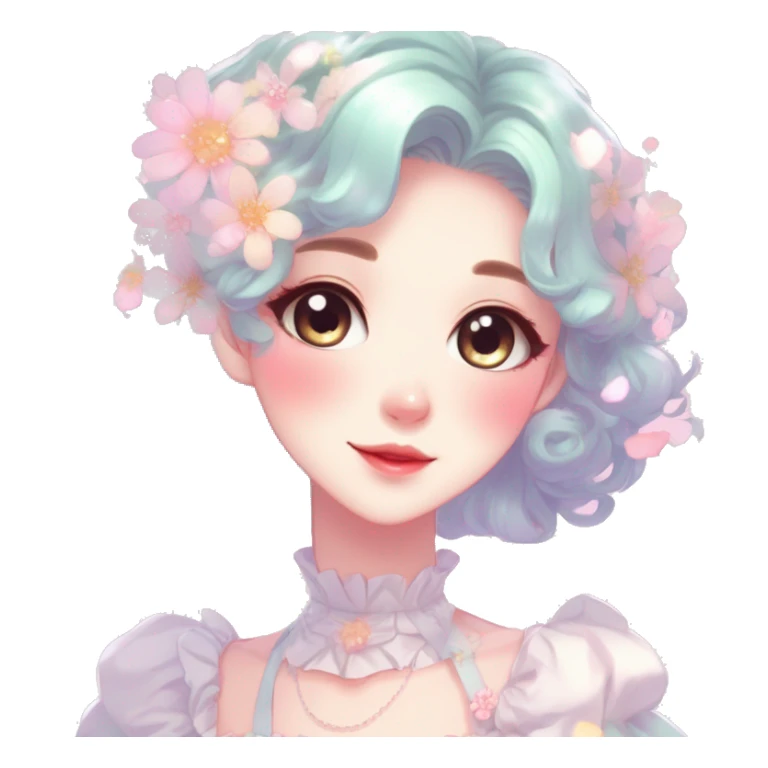 Gorgeous pastel anime style lady with blushing face with flower petals around cute dress  cottagecore fairycore pastelcore shiny colorful pearly petite simplistic aesthetic trending style sticker