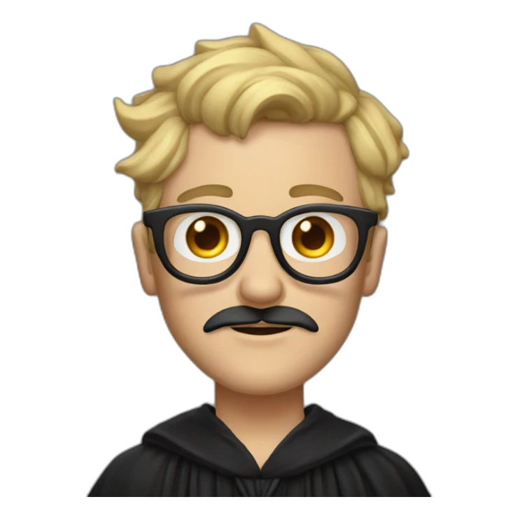 A man with blond messy hair and a mustache, wearing a black squared shaped eye glasses, a black witch hat, black  robe sticker