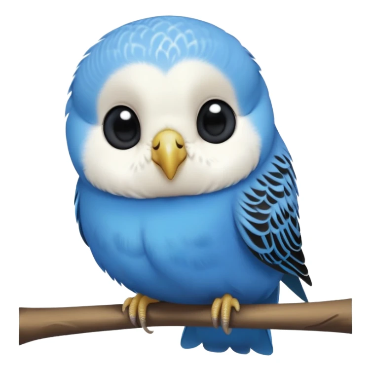 cinematic-cute-blue-budgie-portrait-emoji,-head-tilted-playfully-and-inquisitively,-featuring-a-brilliant-blue-feathered-fur-and white and black face-with-a-natural-sheen,-round,-sparkling-dark-eyes-filled-with-curiosity,-simplified-yet-irresistibly-adorable sticker