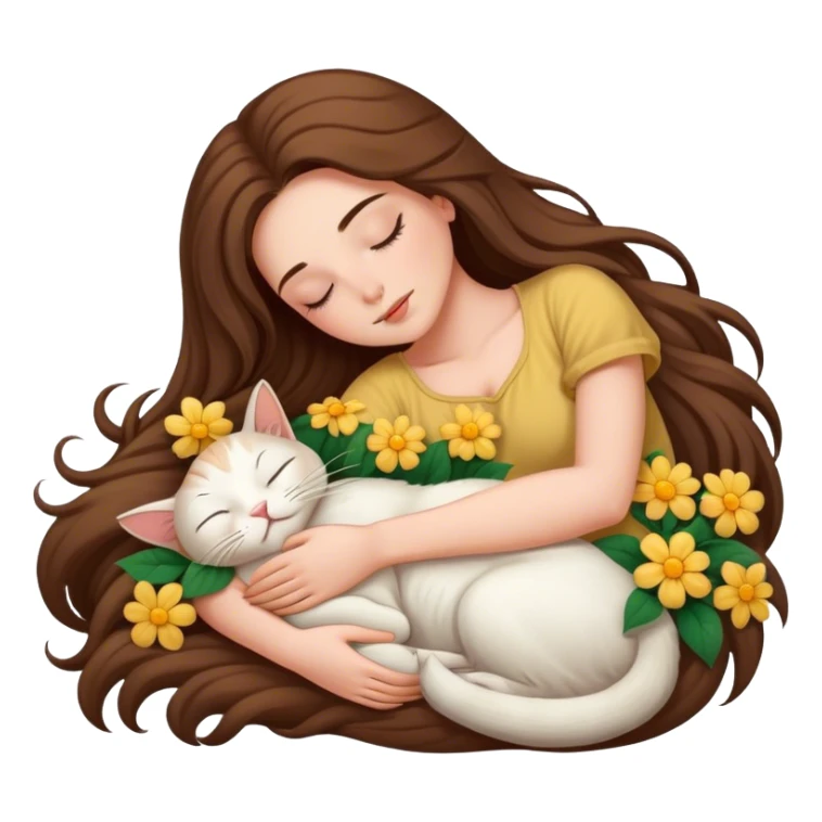 A sleeping long-haired woman is lying down holding a three-flowered cat. sticker