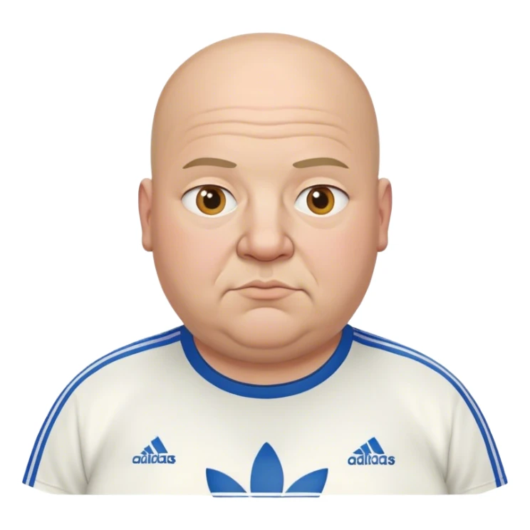 Fat bald man with adidas shirt sticker