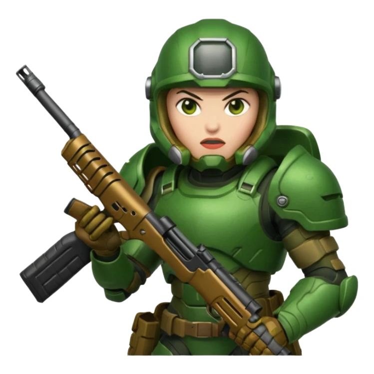 Doom Slayer wearing green armor and helmet, holding a shotgun, fierce expression sticker