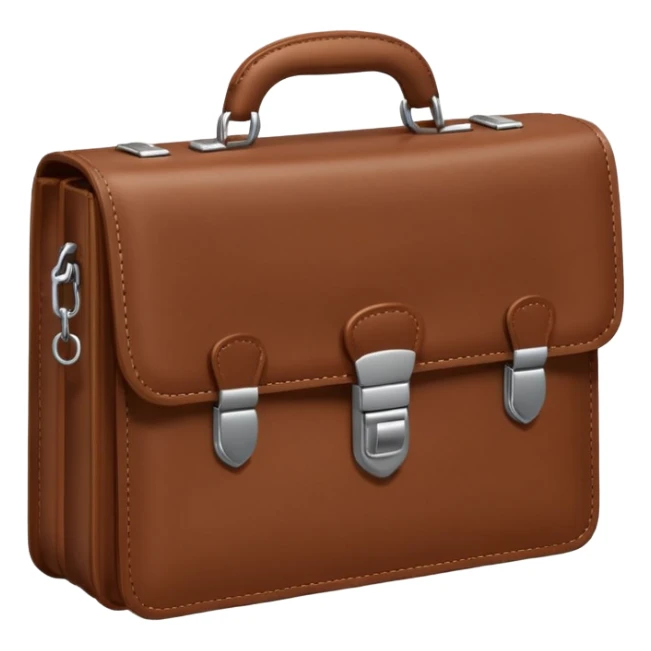 A 3D cartoon brown leather briefcase with a metal clasp, placed on a clean surface, soft studio lighting, Memoji-style realism. sticker