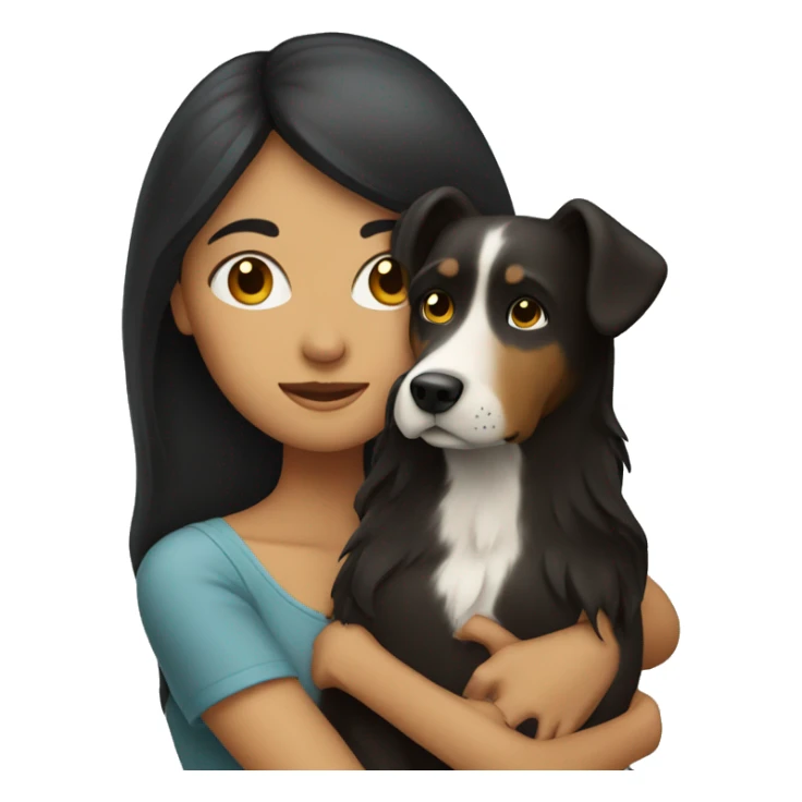 Woman with long dark hair hugging dog sticker