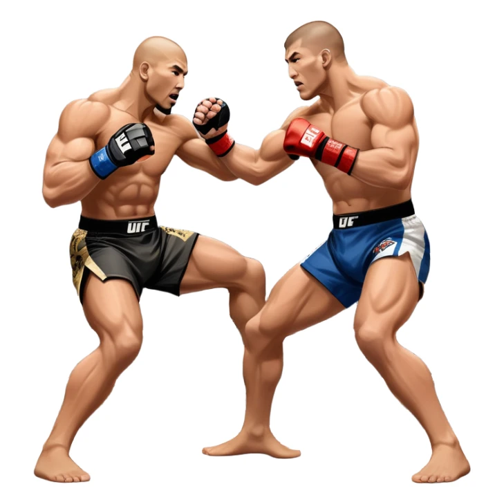 Two MMA fighters in the octagon, one delivering a strong punch while the other defends with a guard. The background shows the UFC octagon with the crowd in the distance. Transparent background emphasizes the dynamic intensity and skill of mixed martial arts. sticker