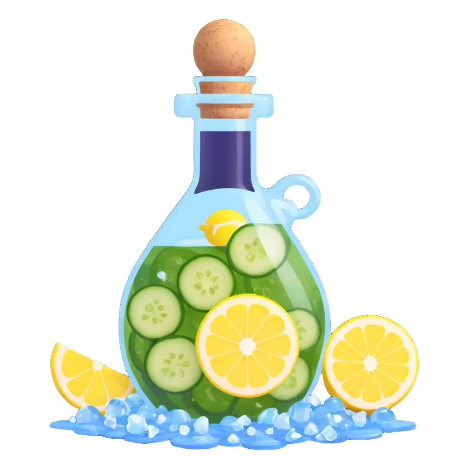 potion bottle with a perfectly round floating bottom, very small cork, very short neck, filled with #00d9ff liquid, inside cucumber slices, lemon slices, ice cubes, edible flower petals, and magical sparkles, soft lighting, transparent glass, clean background, fantasy style sticker