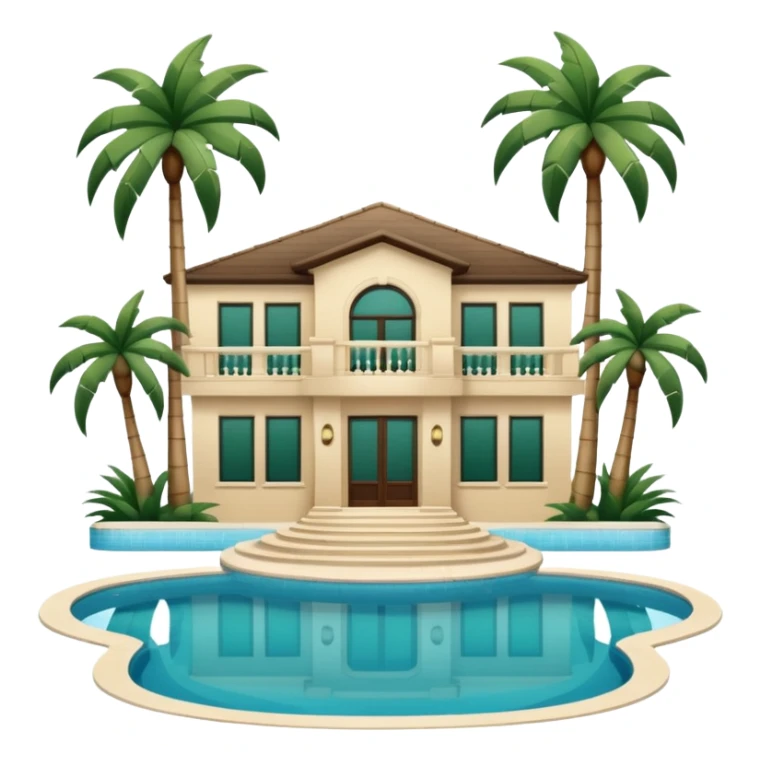 light beige luxury villa with dark green palm trees and swimming pool, angled view, emoji style sticker