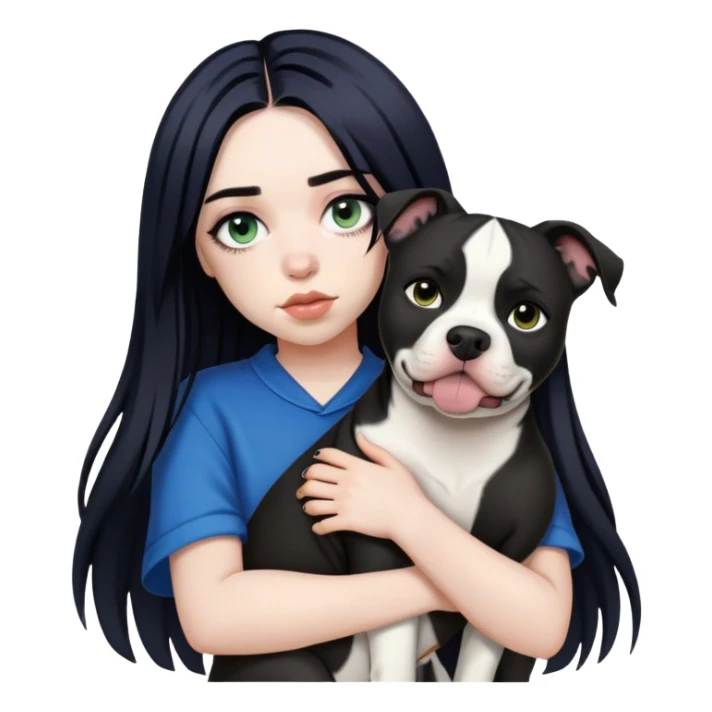 billie eilish long black hair dark eyeliner makeup, holding pitbull dog sticker