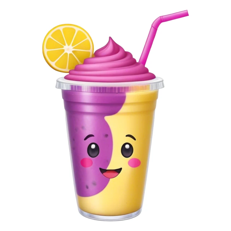 Cute Kawaii Smoothie Cup, filled with blended fruity goodness, a smiling face with excited eyes, bright colorful layers of pink, yellow, and purple, topped with a straw and tiny fruit slices! sticker