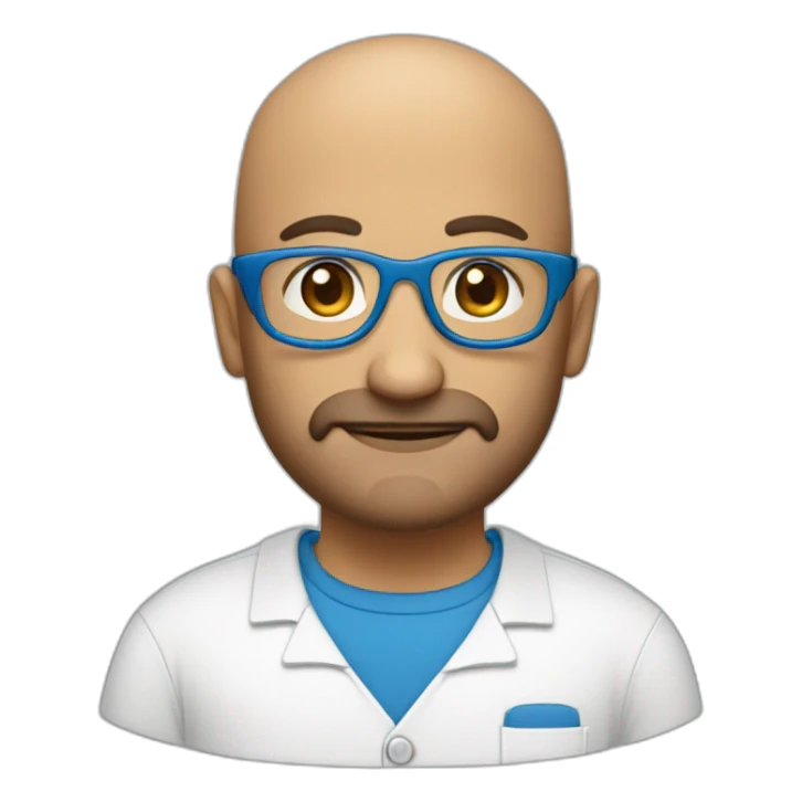 A bald Italian individual with a slight beard, working at a computer. They wear oval, brown glasses, and their eyes are a vibrant shade of blue. sticker