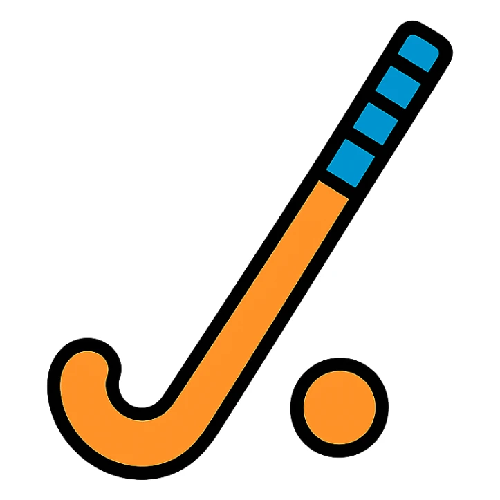 a stylized orange field hockey stick with royal blue grip, minimal design sticker