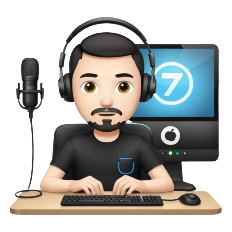 a setup of a youtuber, white skin, thin goatee, black short hair, with a desktop pc on a table, a gaming chair, microphone, white ring light sticker