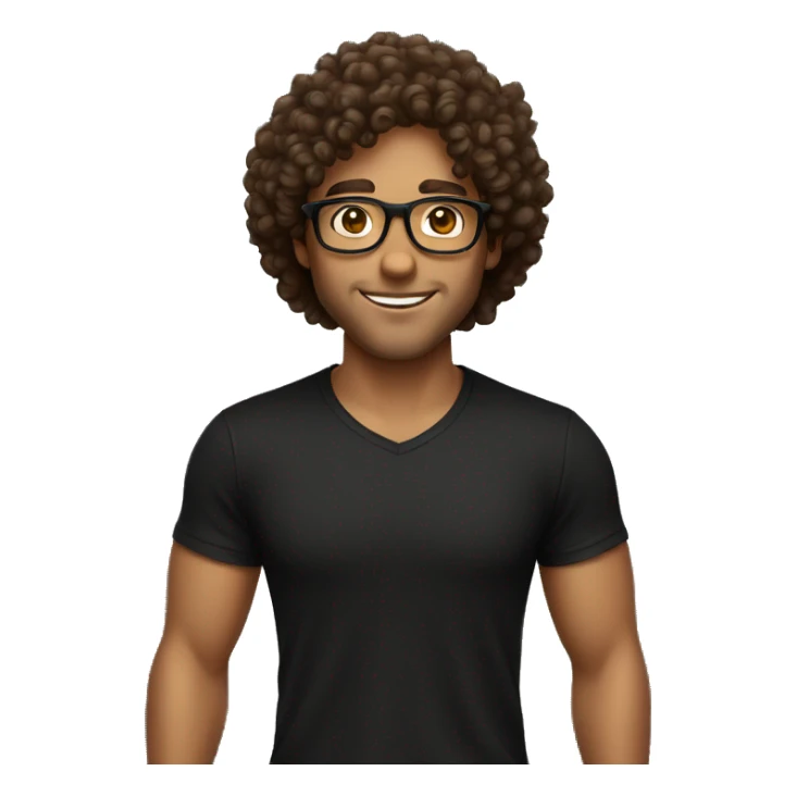 A guy with Italian and Brazilian characteristics, curly hair, using a classic brown glasses, dressed in black t-shirt,  sticker