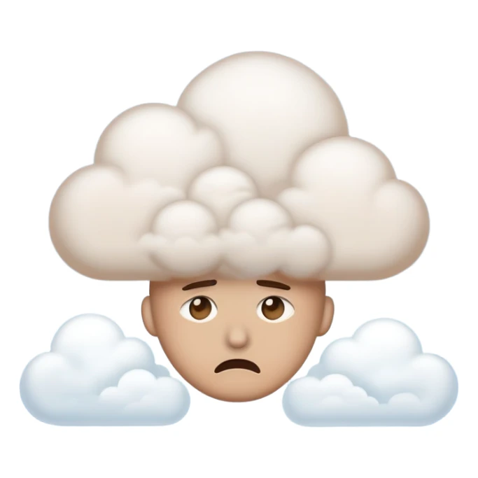 Overthinking emoji that has a cloud of thoughts above itself. He tries to scare off the cloud of thoughts while looking at it sticker