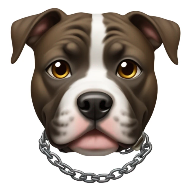 Brindle Pitbull terrier with chubby cheeks. White on face and chest with chain collar sticker