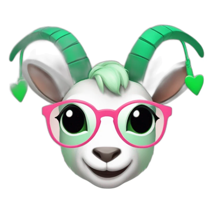 a cartoon goat with mint green round glasses and a green dress with a black heart on it and rosy cheeks, and brownish-pink horns, and some ears that hang of the side sticker