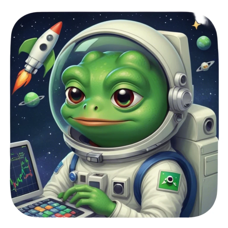 Pepe the Frog as a trader, with charts on the screen, in space with a rocket, meme art style, hilarious and bright sticker