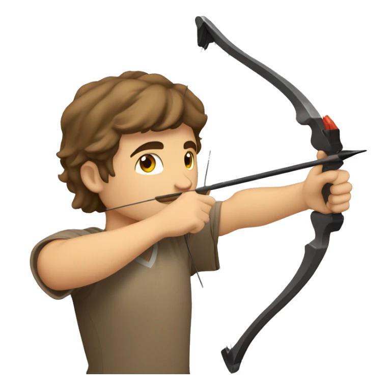 a male archer aiming with a bow looking at his target, wearing a tshirt, brown hair, bright skin, sticker