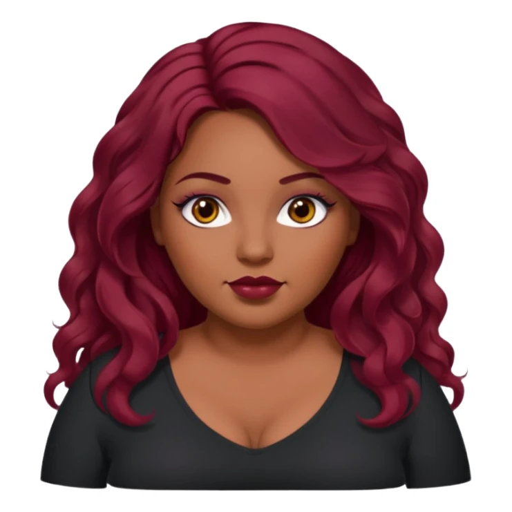 Plus size red hair brown face small eyes long hair Asian eyes small eyes wavy hair eye lashes burgundy hair black shirt sticker