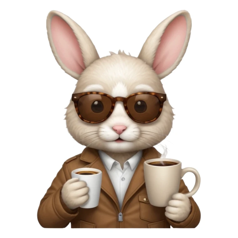 White rabbit, wearing brown jacket, sunglasses, holding coffee mug sticker