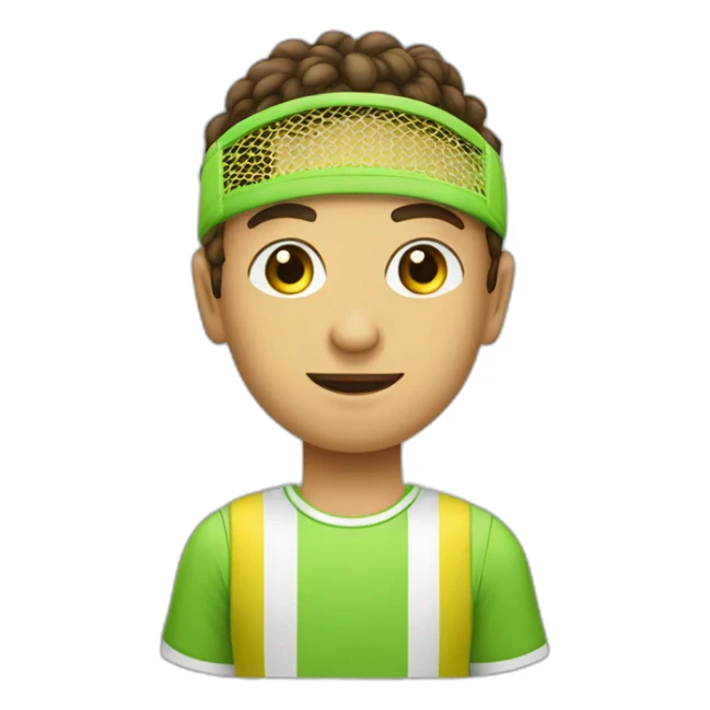 Ragazzo riccio con occhi verdi con maglietta gialla gioca stanco con una racchetta da tennis sticker