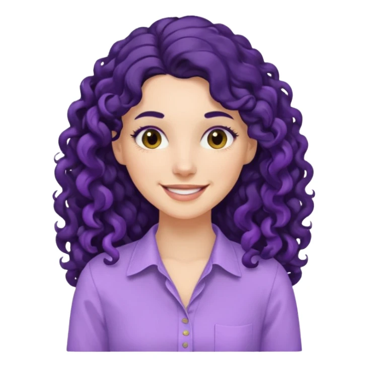 mujer blanca con cabello largo rizado negro sonriendo con camisa lila sticker