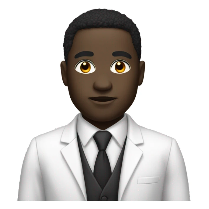 Create a black man with cut in his eyebrow with big black eyes and white suit all white suit  sticker