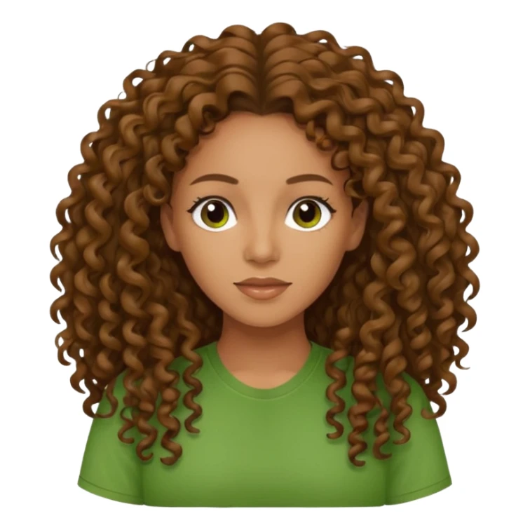 Melanie Brown with long brown curly hair, green shirt sticker