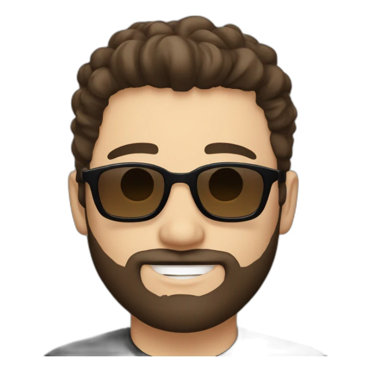 person short dark brown hair, goatee style beard with sunglasses. White background, simple black tshirt. smiling. white skin sticker