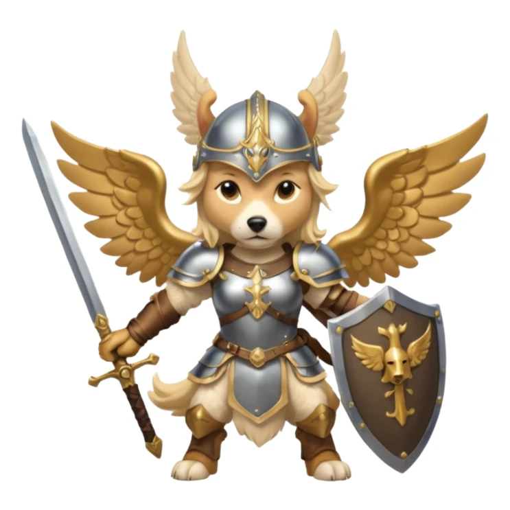 dog freya has sword and shield. she is a valkyrie and has wings. dynamic pose sticker