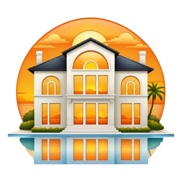 luxury villa with windows reflecting a yellow and orange sunset sticker