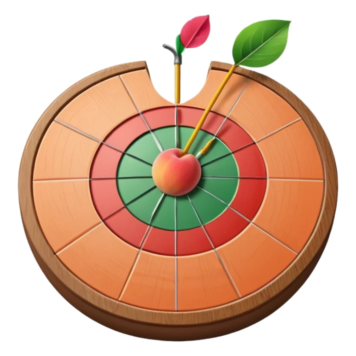 A dart stuck in a dartboard shaped like a peach sticker
