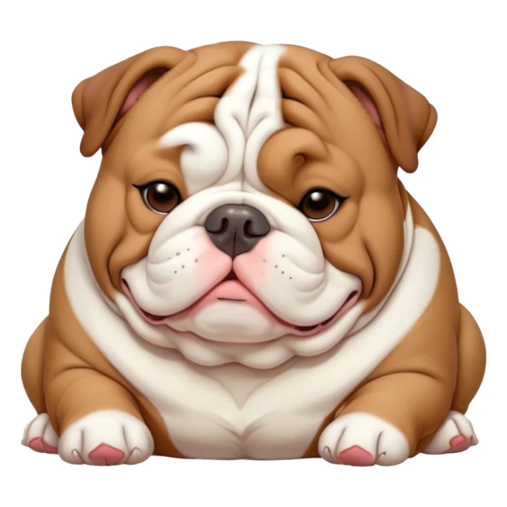 Cinematic Meme-Worthy Chubby Sleeping Brown and White English Bulldog Portrait Emoji, Head resting peacefully with a contented smile, showcasing a delightfully chubby build and a luxuriously soft brown and white coat, eyes shut in a serene nap, Simplified yet hilariously adorable features, highly detailed, glowing with a soft, drowsy light, high shine, relaxed and utterly lovable, stylized with an air of playful laziness, bright and heartwarming, soft glowing outline, capturing the essence of a comically sleepy guardian, so meme-worthy it feels like it could instantly become the next viral sensation of adorable slumber! sticker