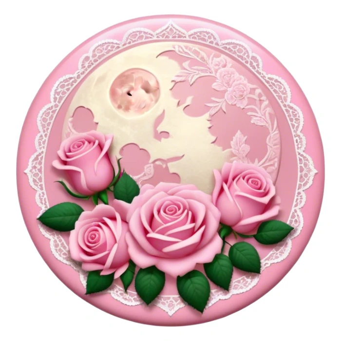 A round pink button with light cream damask lace, a full moon and pink roses in the center sticker