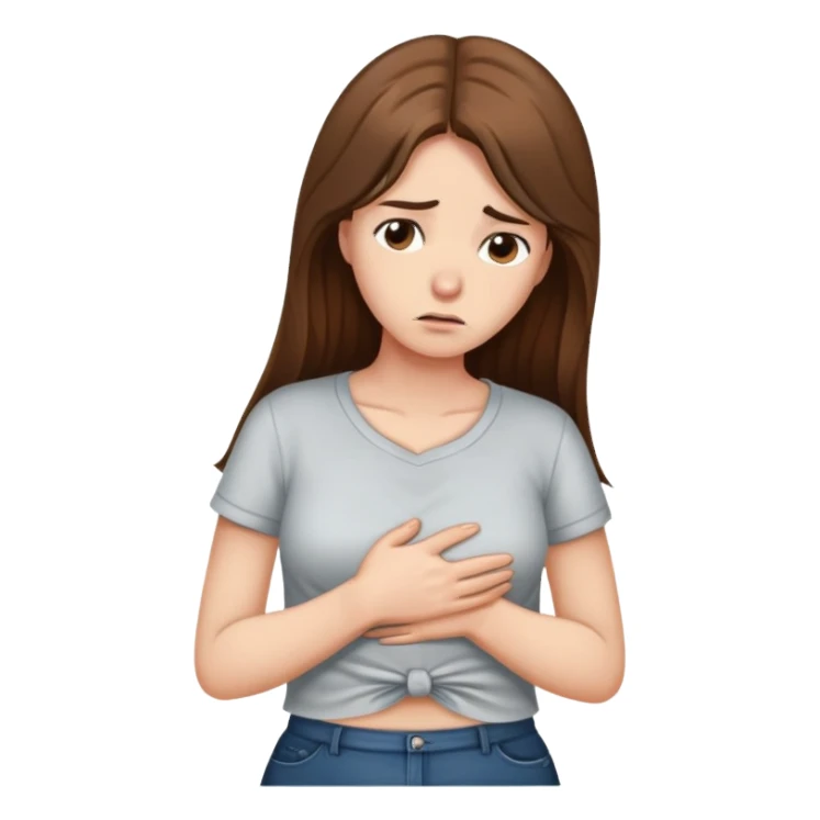 Sad women with long brown hair rubbing stomach with shirt on sticker
