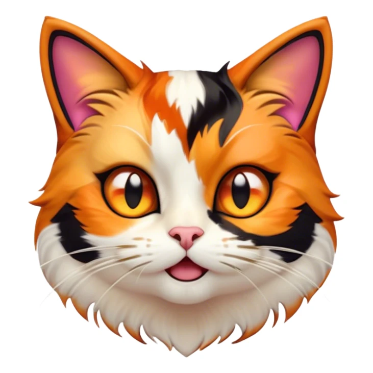 Cinematic Comical Calico Cat Portrait Emoji, Head tilted dramatically with an exaggeratedly surprised expression, showcasing a vibrant patchwork fur of orange, black, and white with wide, comically expressive eyes, simplified yet hilariously detailed, glowing with a sassy, golden radiance, high shine, exuding playful mischief and cheeky feline attitude, styled with a soft glowing outline, capturing the essence of a calico cat that looks ready to leap off the screen with mischievous flair! sticker