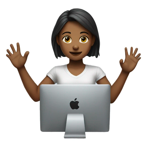 Girl sitting in front of the apple computer and raising right hand  sticker